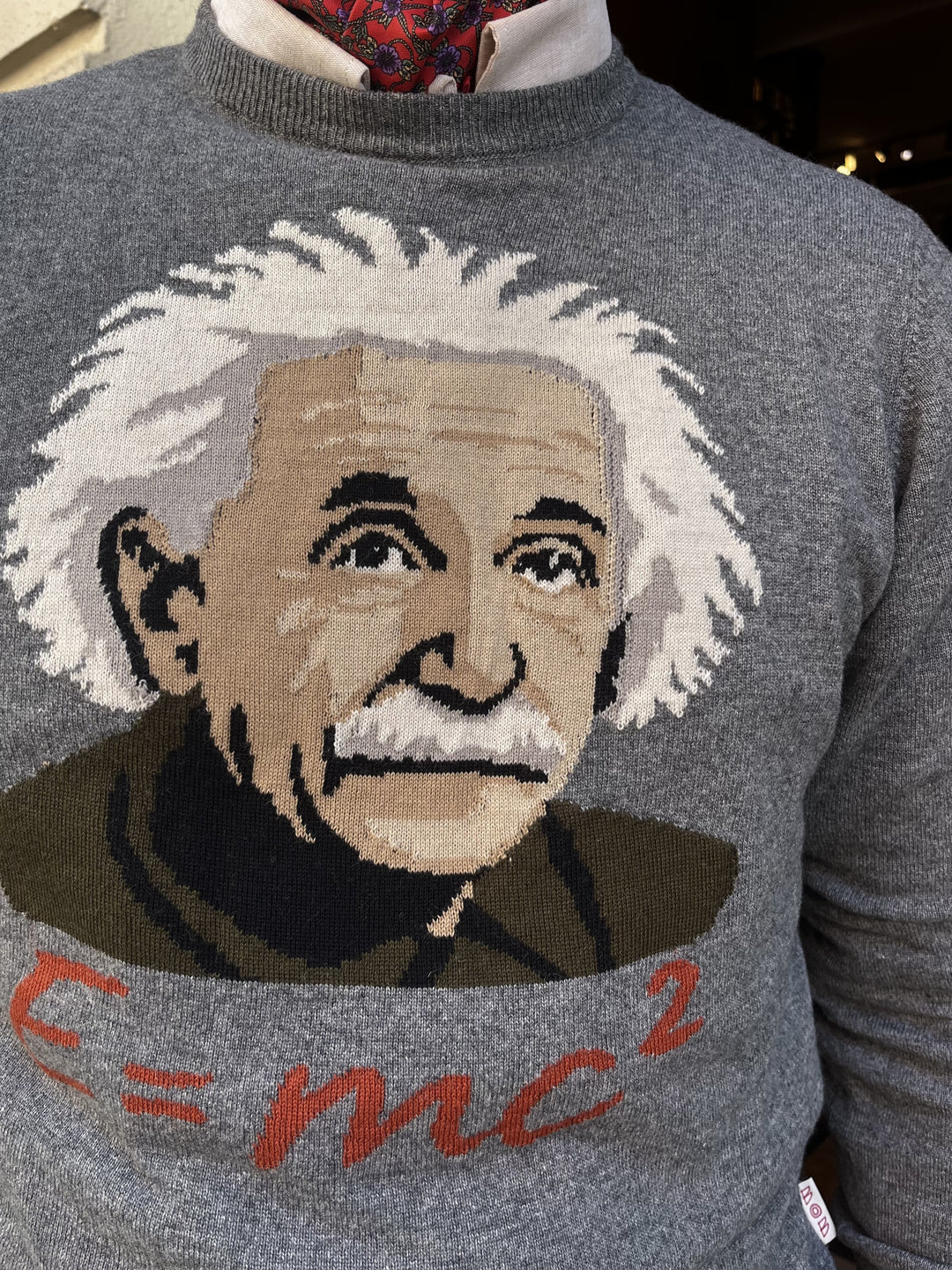 Detalje af Albert Einstein-motiv på BOB grå striktrøje