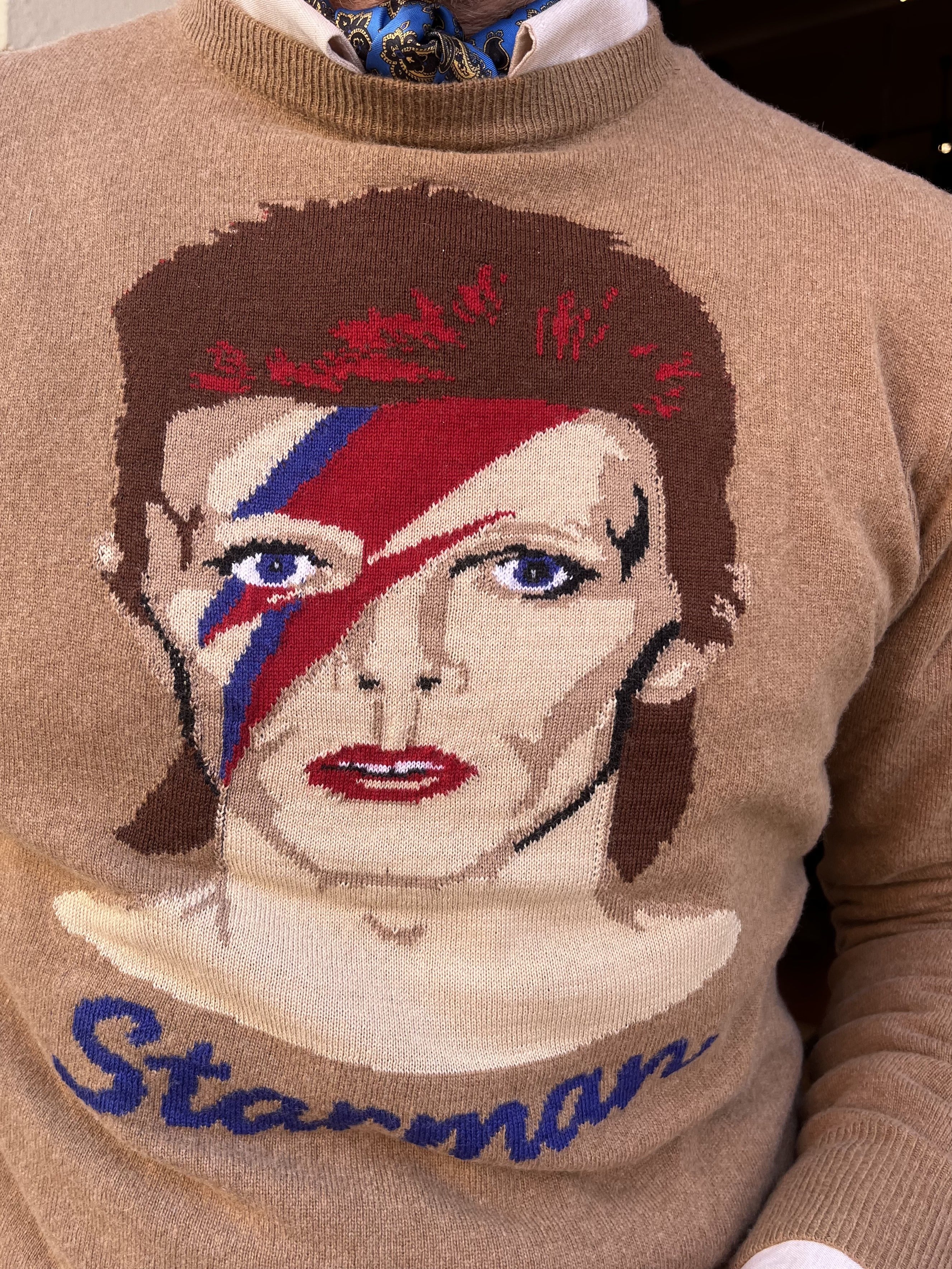 Detalje af David Bowie-motiv på BOB mørk camel striktrøje