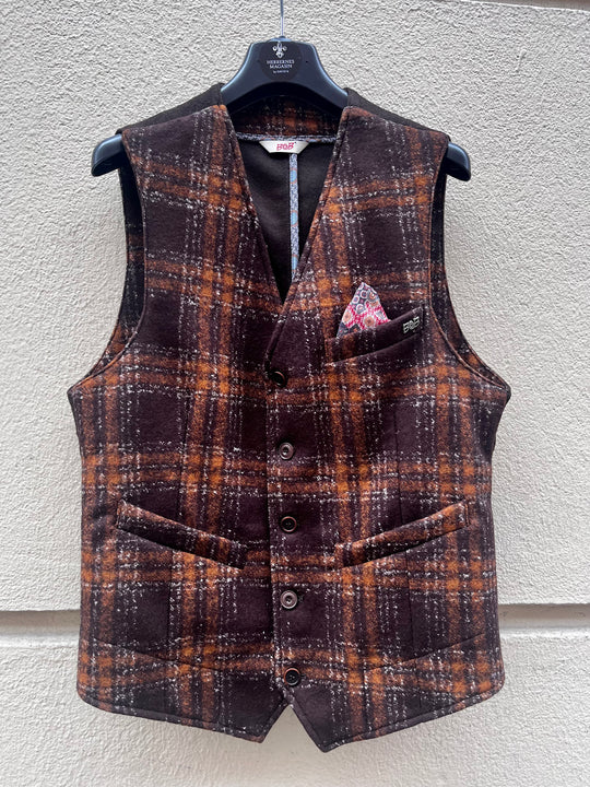 Brun vest i uld- og silkeflannel med orange tern
