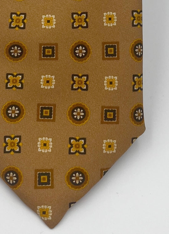 Lysebrunt silkeslips med blomstermønster i guld og brun, by David K