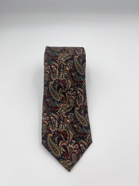Brunt silkeslips med grøn og beige paisley, by David K