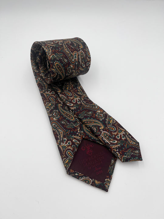 Brunt silkeslips med grøn og beige paisley, kontrastspidsen bagpå, by David K