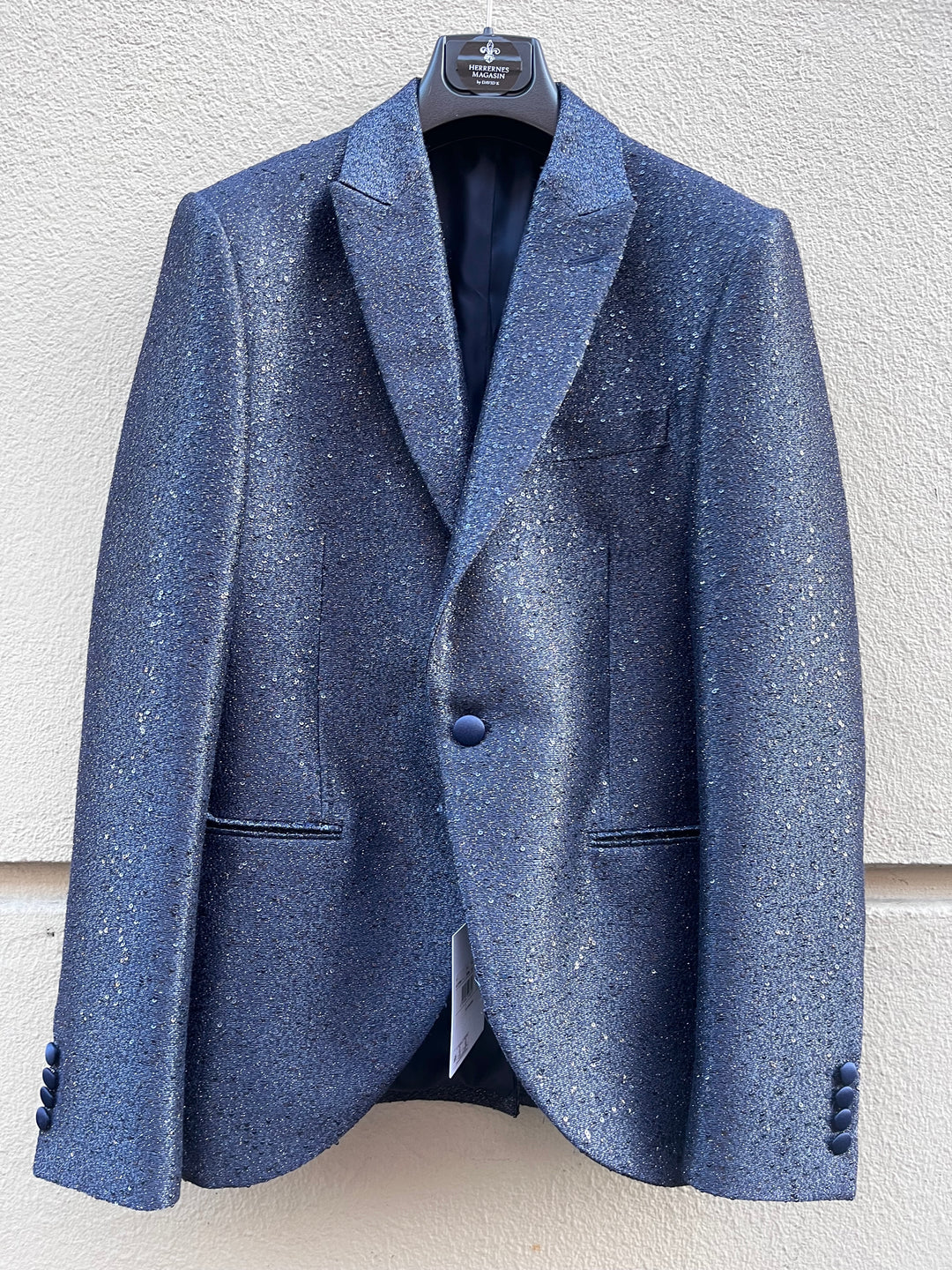 Navy sequined and glitter-threaded smoking blazer