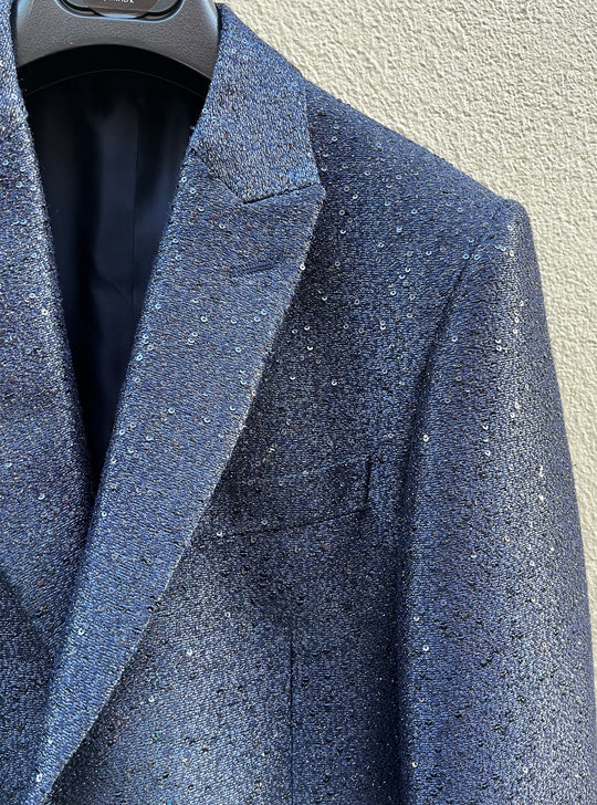 Navy sequined and glitter-threaded smoking blazer