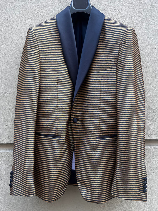 Guld & sort metallisk stribet smokingblazer - silke sjalskrave