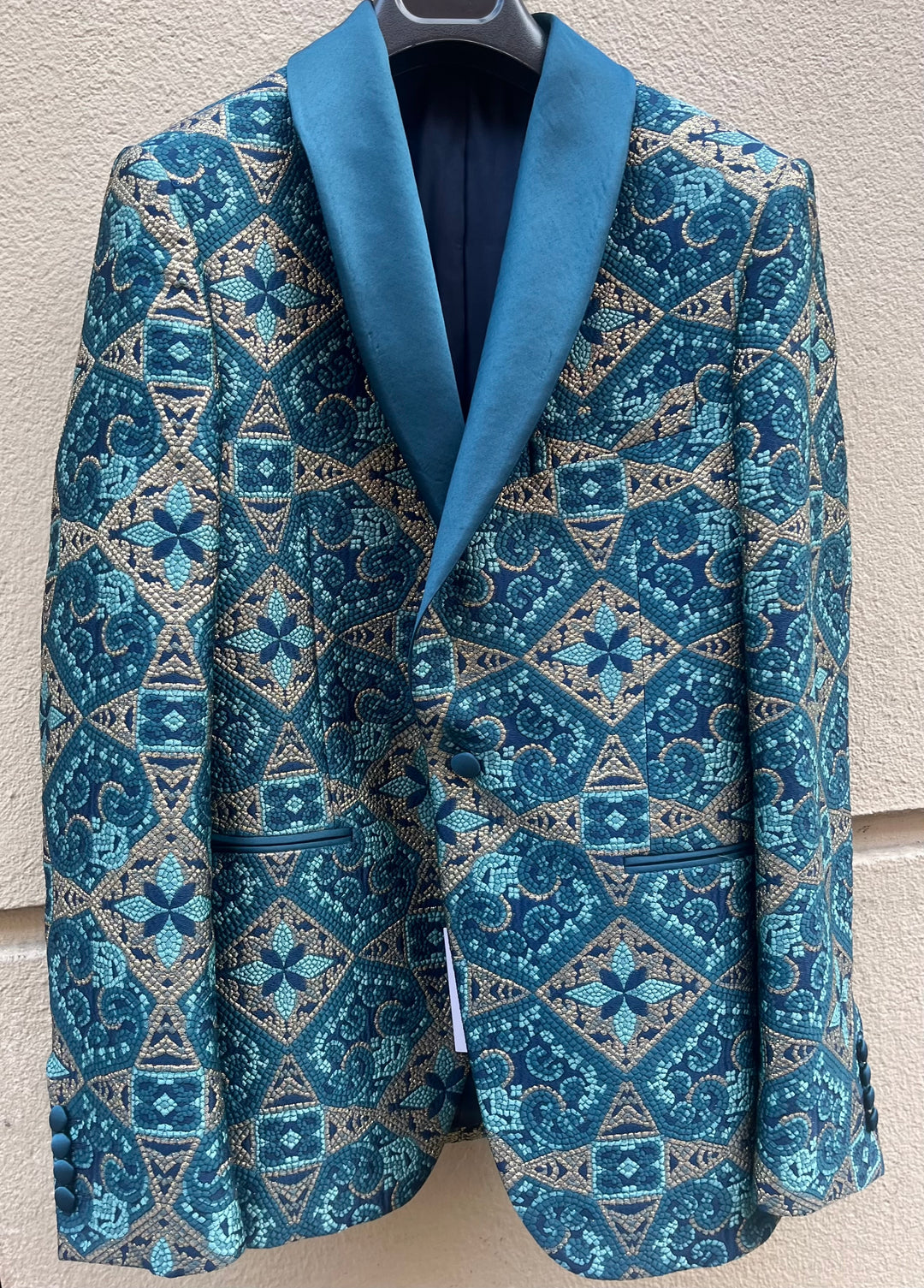 Turkis metallisk brokade smokingblazer - silke sjalskrave