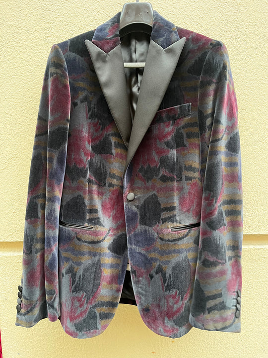 Flerfarvet grafisk velour smokingblazer - silke spidsreveres (bordeaux, navy, grøn, sort)