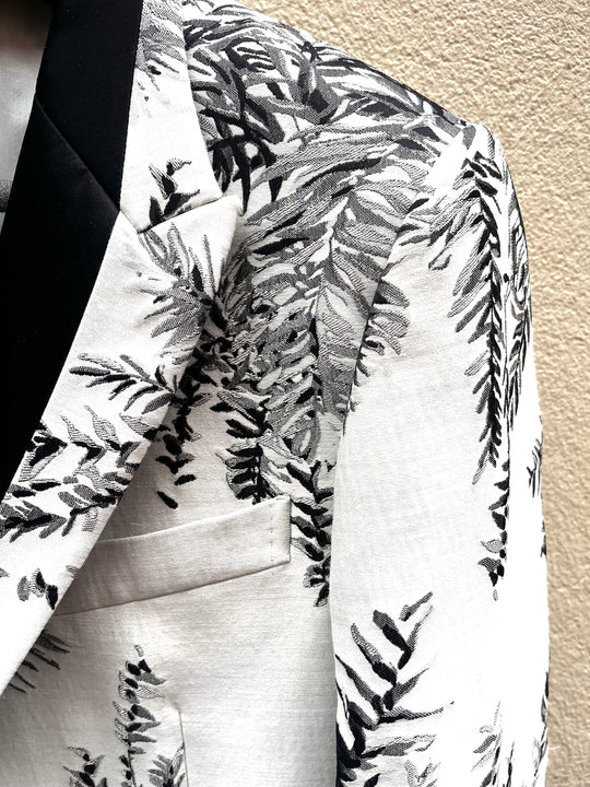 Hvid/sort botanik mønstret smokingblazer  - silke sjalskrave