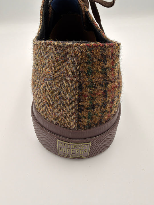 Brun patchwork herrersneaker i uld-tweed med sildebensmønster