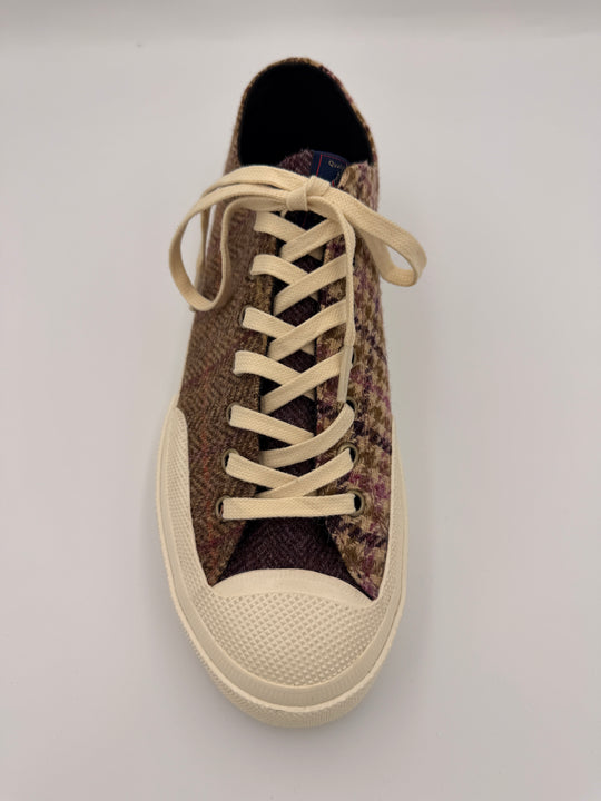 Beige patchwork herrersneaker i uld-tweed med sildebensmønster