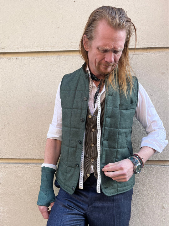 Men's Quilted Vest in Green Flannel by David K