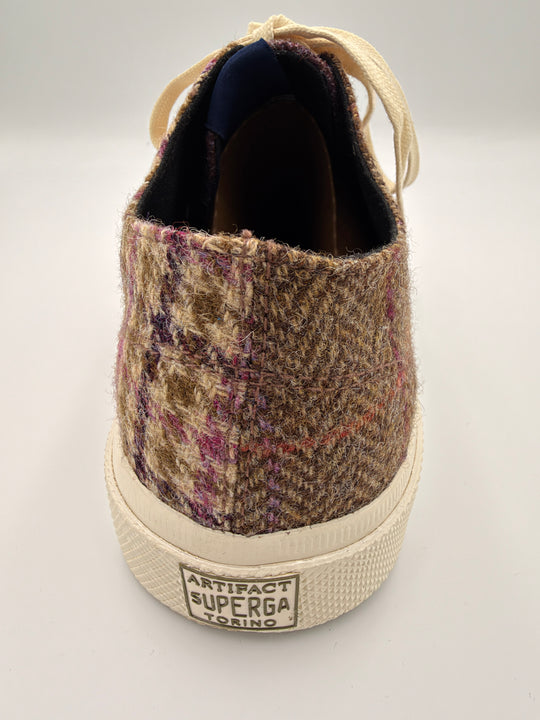 Beige patchwork herrersneaker i uld-tweed med sildebensmønster