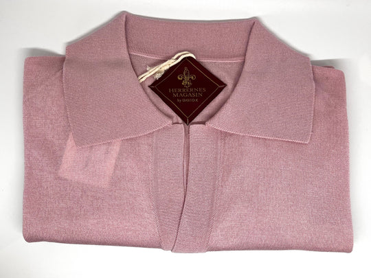 Pink fine-knit V-neck polo shirt - by David K