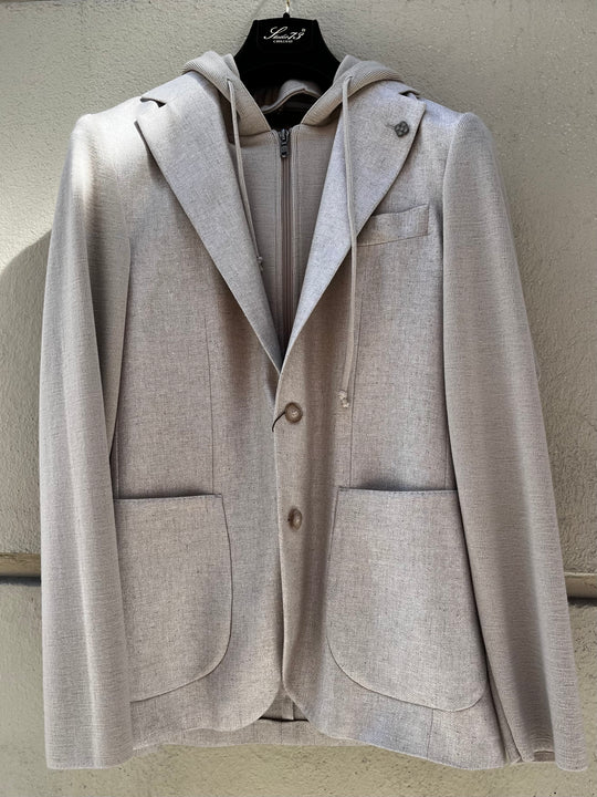 Men's silk blazer with detachable hood and front panel
