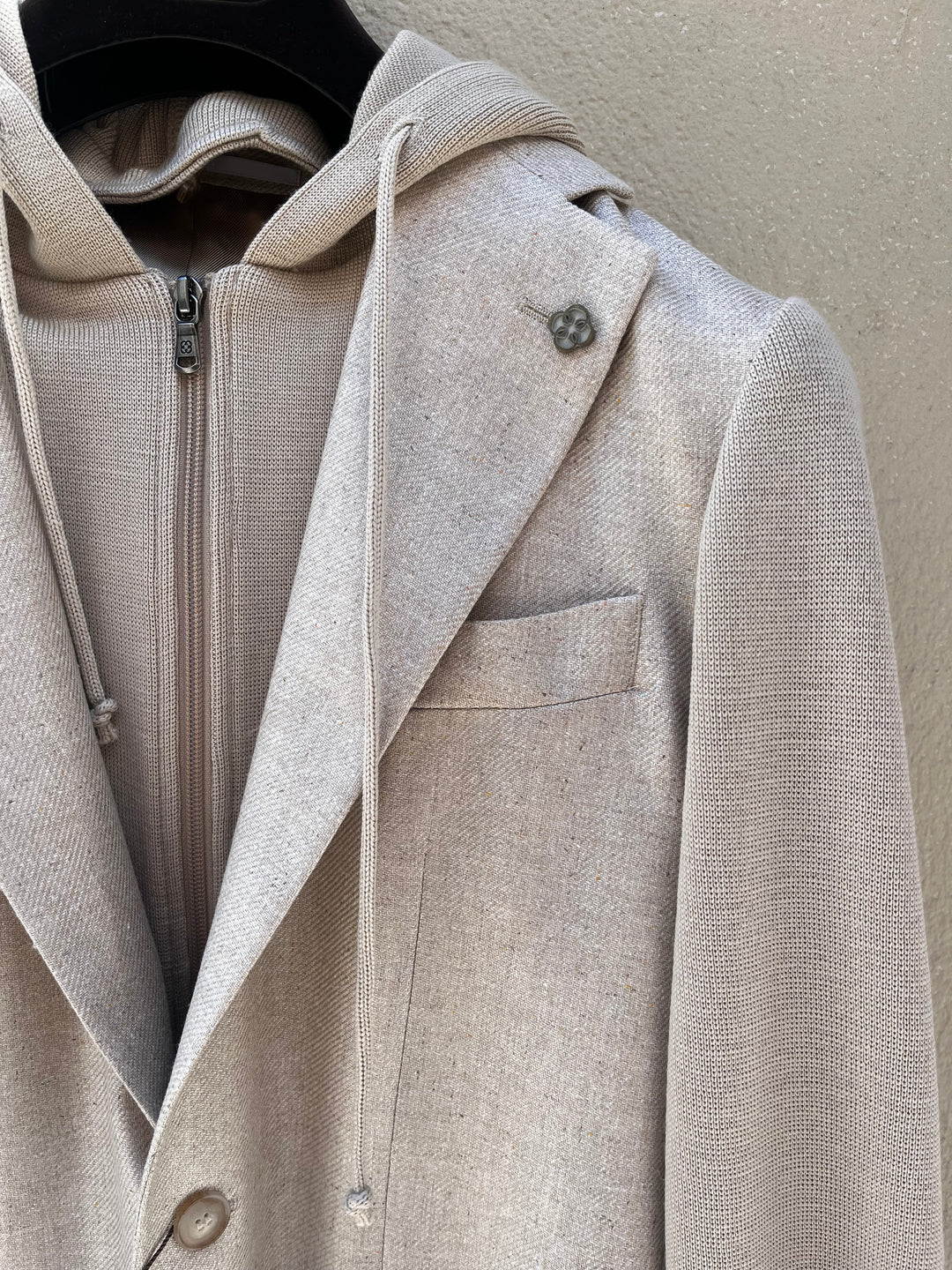 Men's silk blazer with detachable hood and front panel