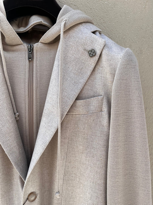 Men's silk blazer with detachable hood and front panel