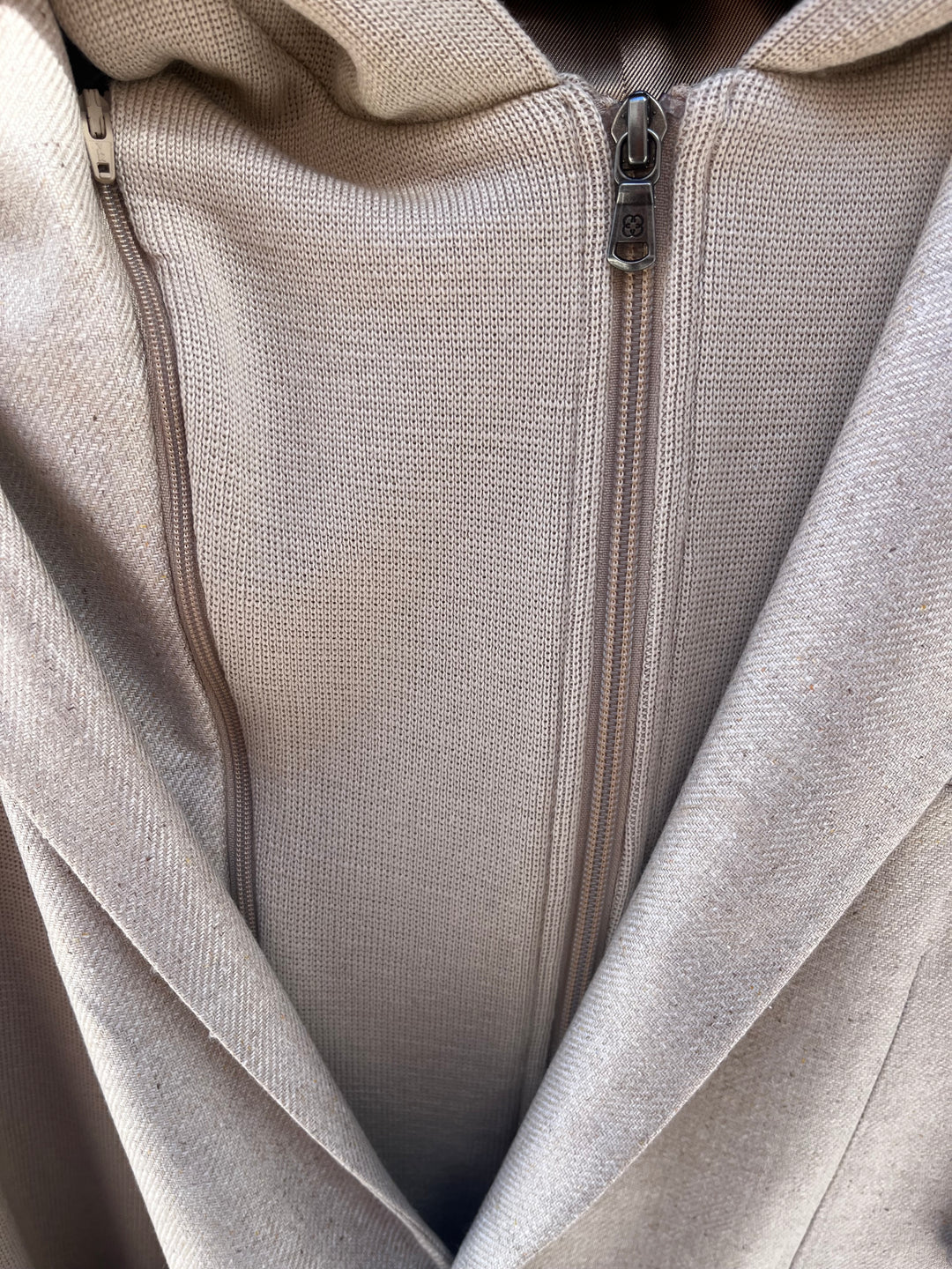 Men's silk blazer with detachable hood and front panel