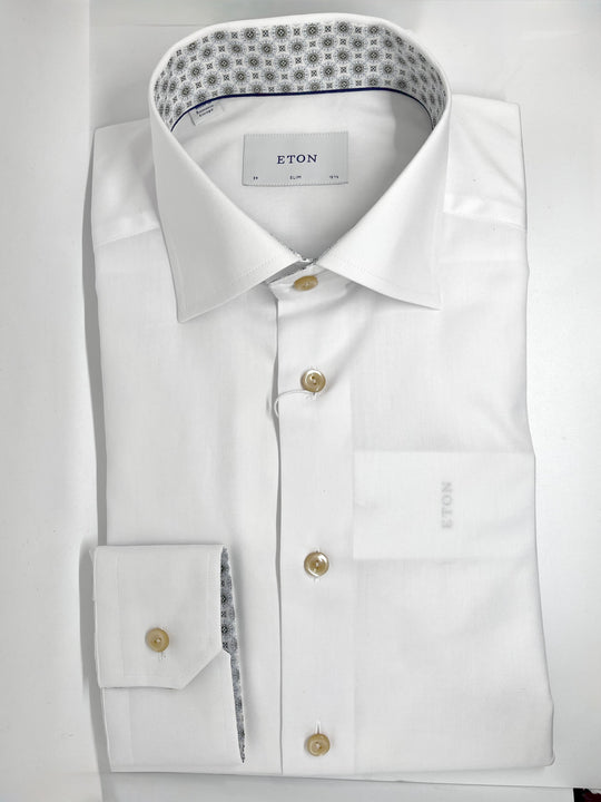 Men's white Oxford shirt with patterned collar and cuffs - contemporary fit