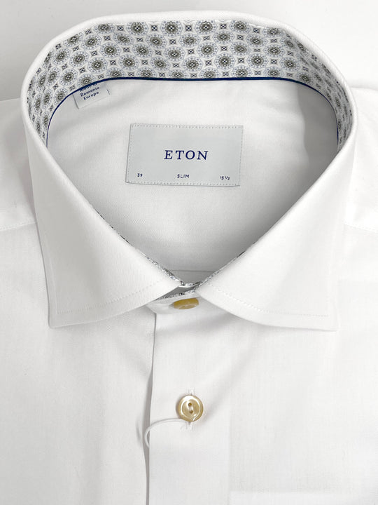Men's white Oxford shirt with patterned collar and cuffs - contemporary fit
