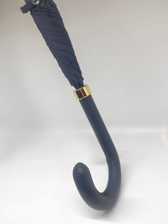 Navy paraply med navy læderhåndtag