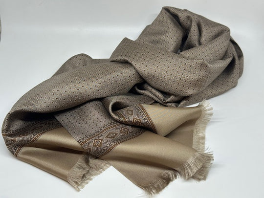 Silk scarf by David K. in brown with a leaf pattern