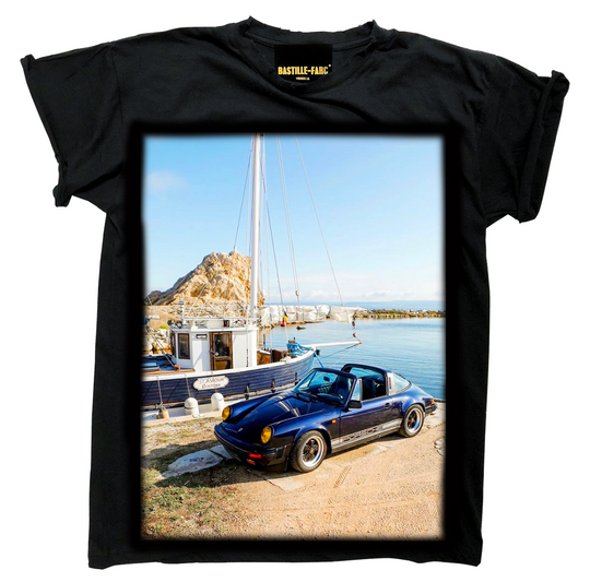 Hvid T-shirt Herre og Dame fra Bastille Venezia med Porsche. Printet er i Silke
