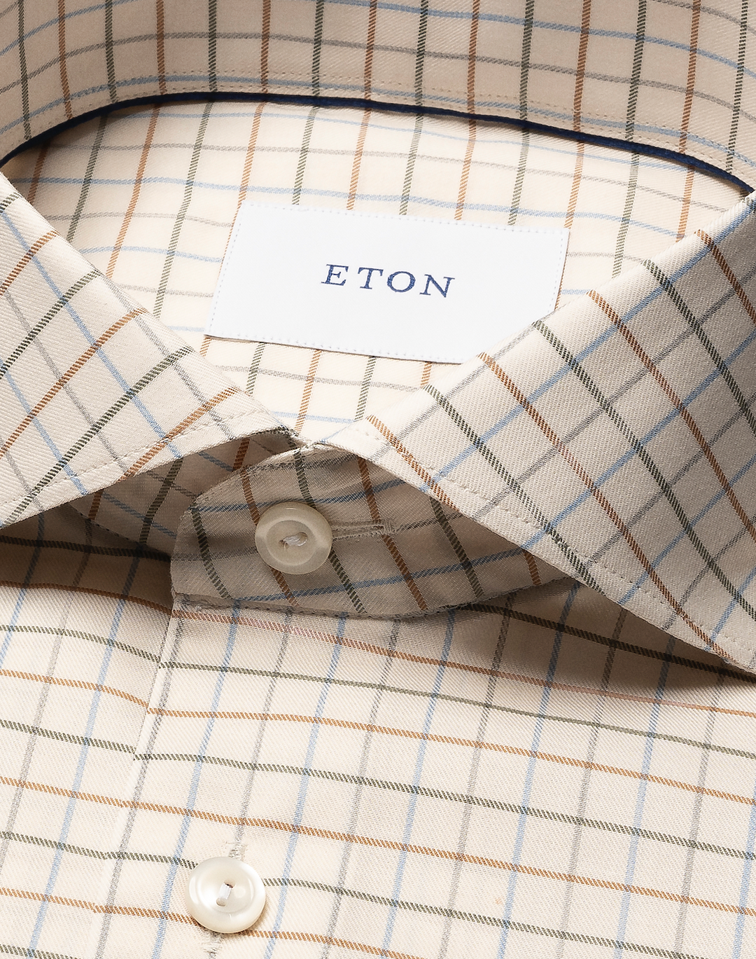 Beige Eton skjorte i tern og beige med cutaway krave