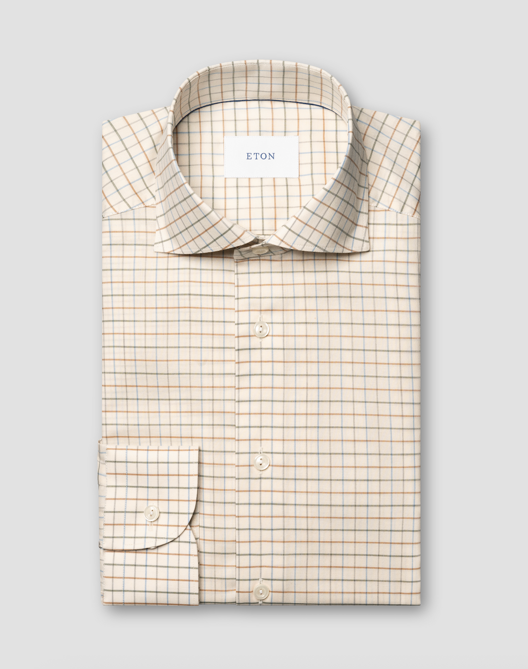Beige Eton skjorte i tern og beige med cutaway krave