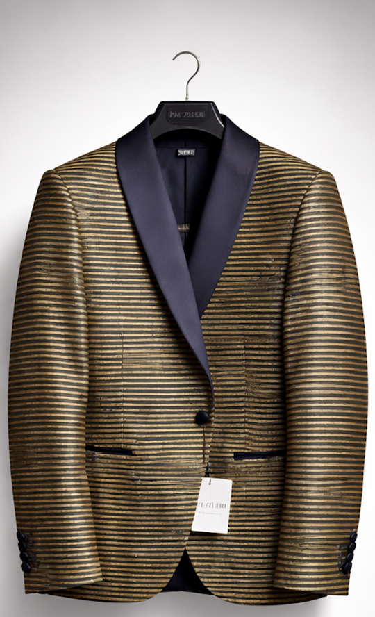 Guld & sort metallisk stribet smokingblazer - silke sjalskrave