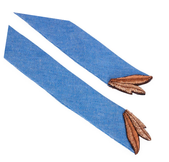 Pussy bow tie i denim med guldfarvede blade