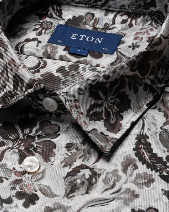 Eton 100% Silke skjorte med blomstret mønster i grå toner