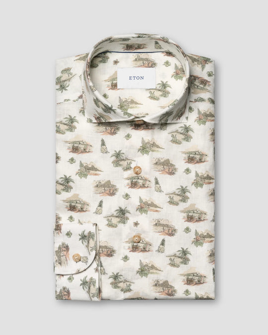 Mønstret herreskjorte i 100% hør - casual fit