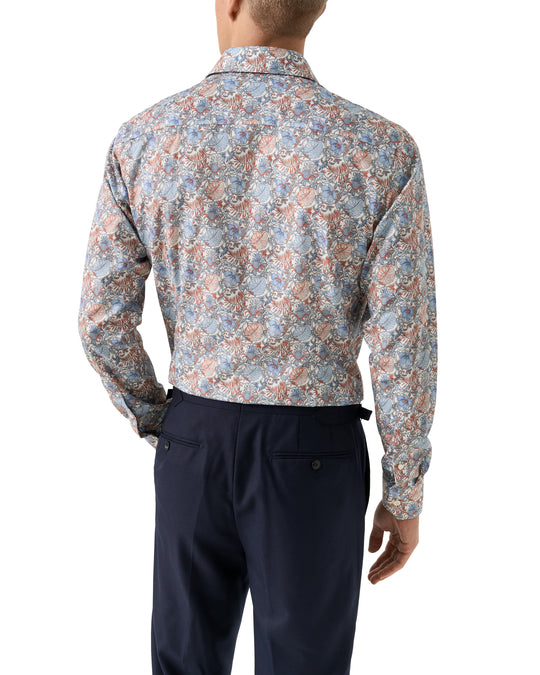 Blomstret herreskjorte i rød, blå nuancer - Slim Fit