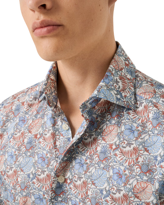 Blomstret herreskjorte i rød, blå nuancer - Slim Fit