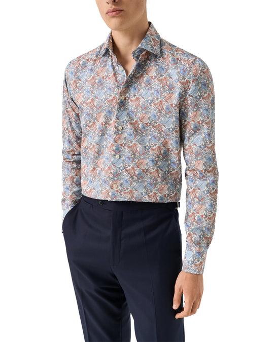 Blomstret herreskjorte i rød, blå nuancer - Slim Fit