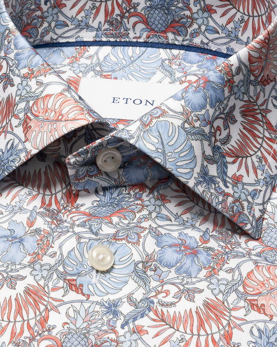 Blomstret herreskjorte i rød, blå nuancer - Slim Fit