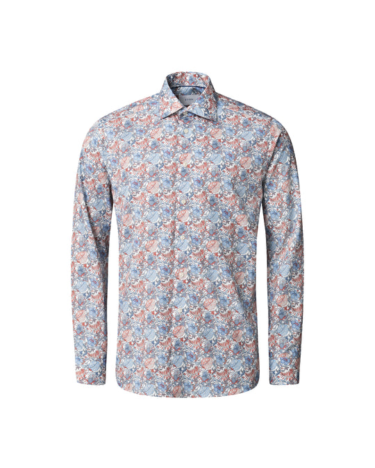 Blomstret herreskjorte i rød, blå nuancer - Slim Fit