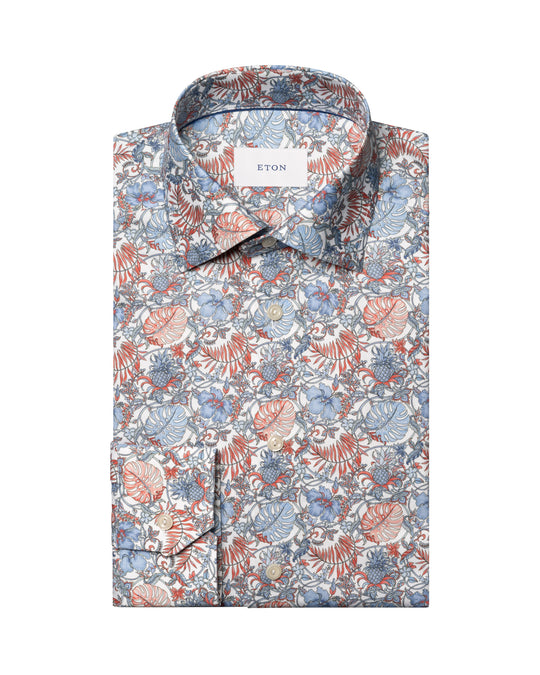 Blomstret herreskjorte i rød, blå nuancer - Slim Fit