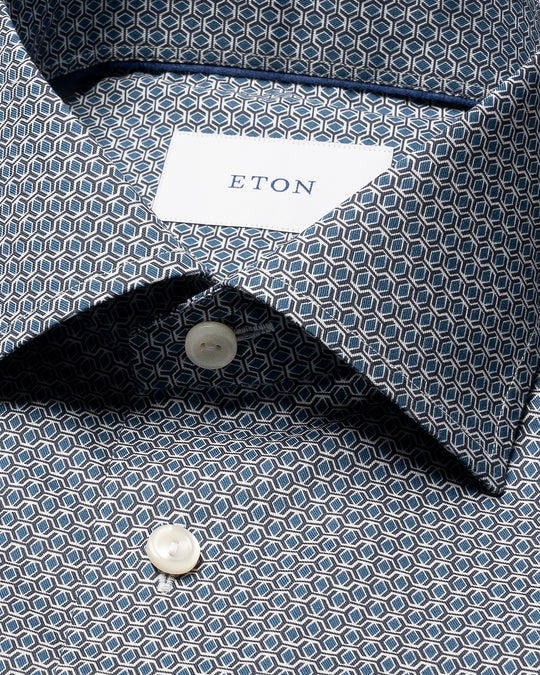 Eton shirt blue with square 3D pattern and Cutaway collar