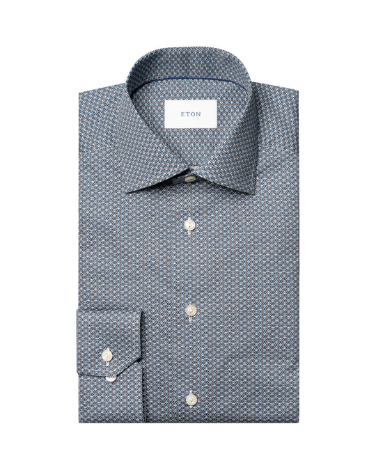 Eton shirt blue with square 3D pattern and Cutaway collar